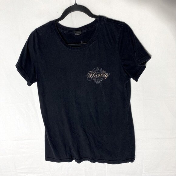5/$25 Harley-Davidson Black Short Sleeve T Shirt W Laser Cut Logo Shape On Back - Picture 1 of 12